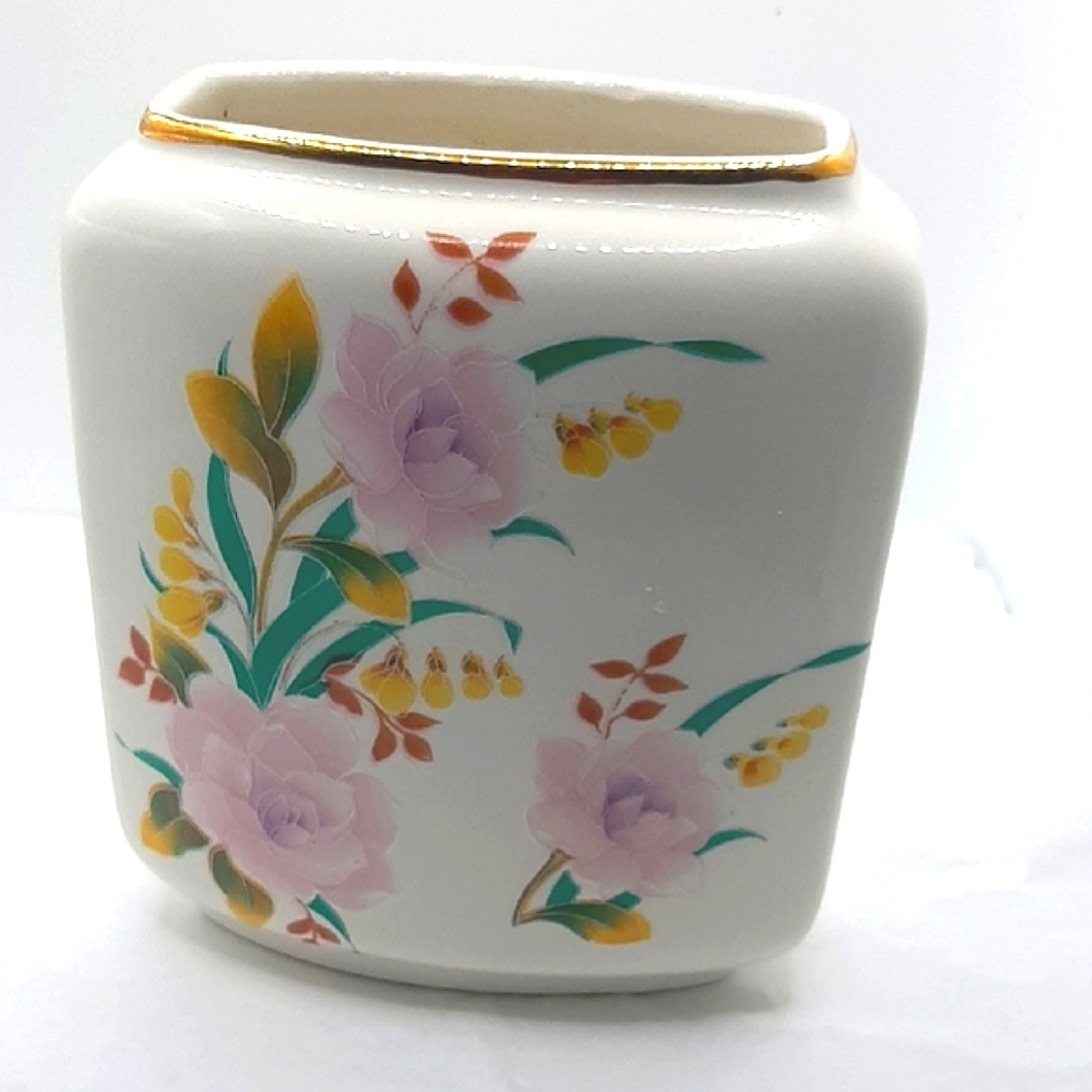 Floral Ceramic Vase with Gold Accent